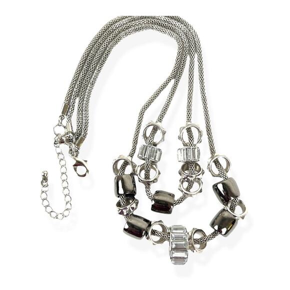 Fashion Necklace Double Strand Slider Faux Hematite Beads Rhinestone Baguettes - Picture 2 of 6